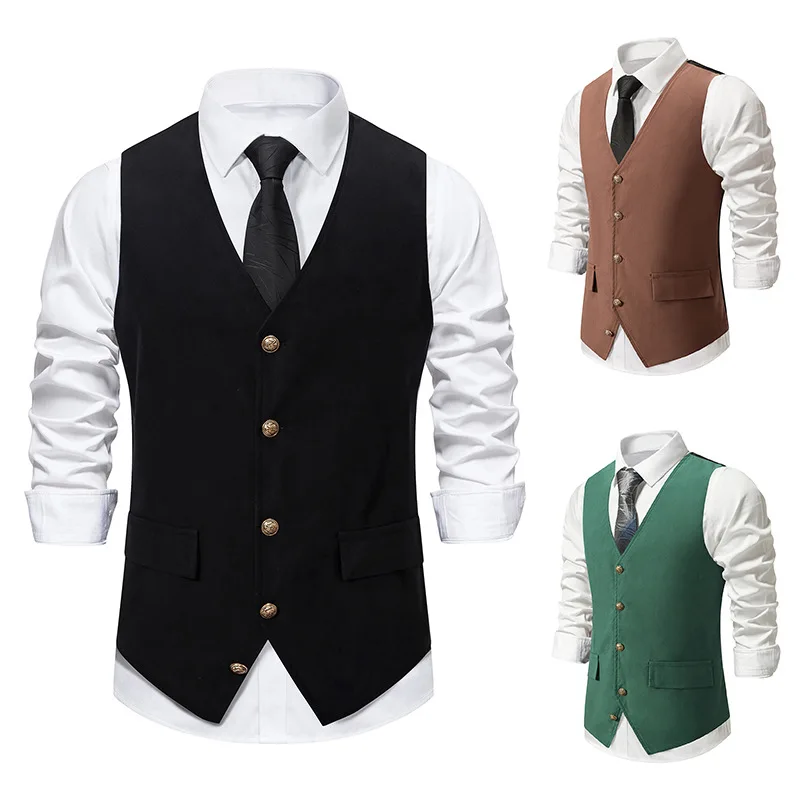 Men's Suit Vest Fashion Trend Solid Color Medieval Retro Vest Single-Breasted Male Waistcoat Wear