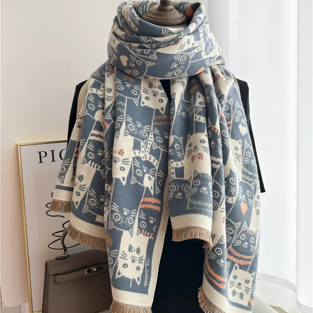 2023 Autumn Winter New Imitation Cashmere Women's Scarf Cartoon Cat Cashmere Short Beard Scarf Dual Use Long Print Overlay Shawl