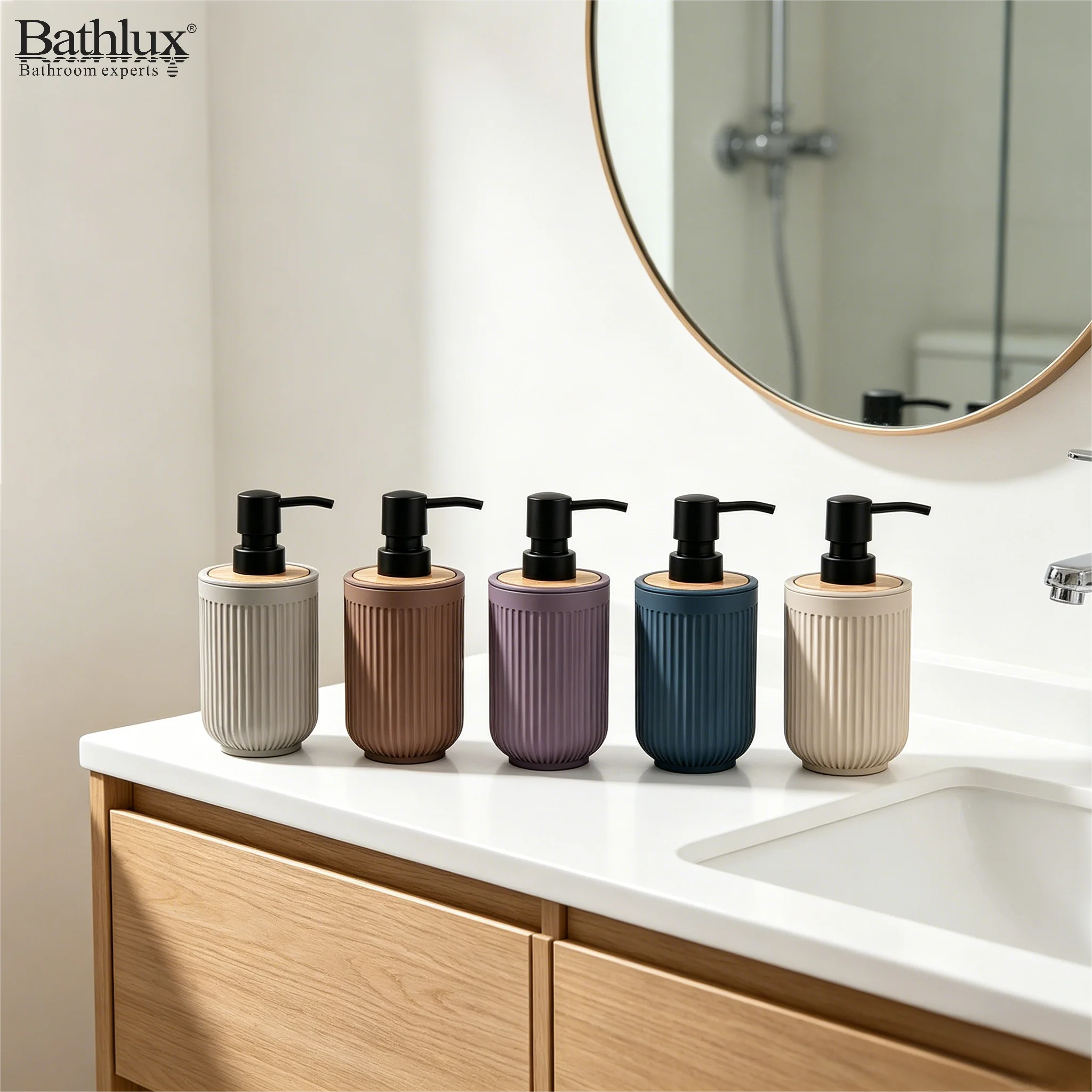 

5-Color Textured Ribbed ABS Soap Dispenser with Bamboo Decor Press-Type Liquid Soap Pump Bottle for Bathroom Kitchen Countertop