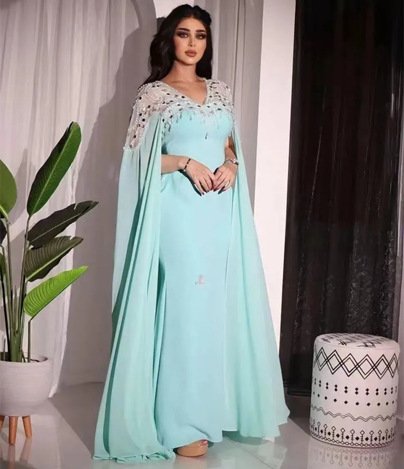 

Dubai Elegant Women Wear Long Flutter Sleeves Evening Dresses V Neck Beaded Applique Prom Dress Zipper Back Mermaid Gowns