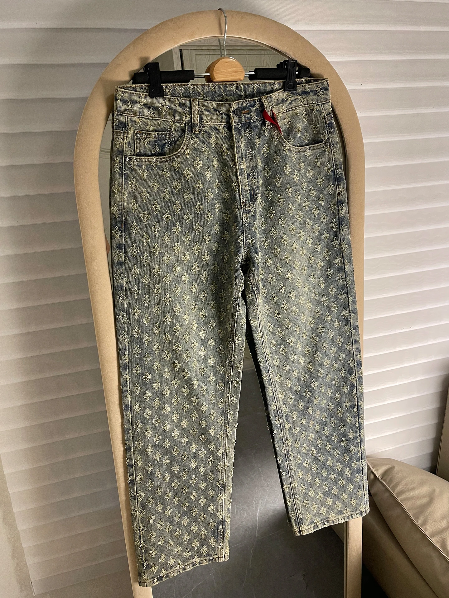 

American Retro Embroidered Denim Jeans Men's Trendy Design Loose Straight Heavyweight Washed Wide Leg Long Pants