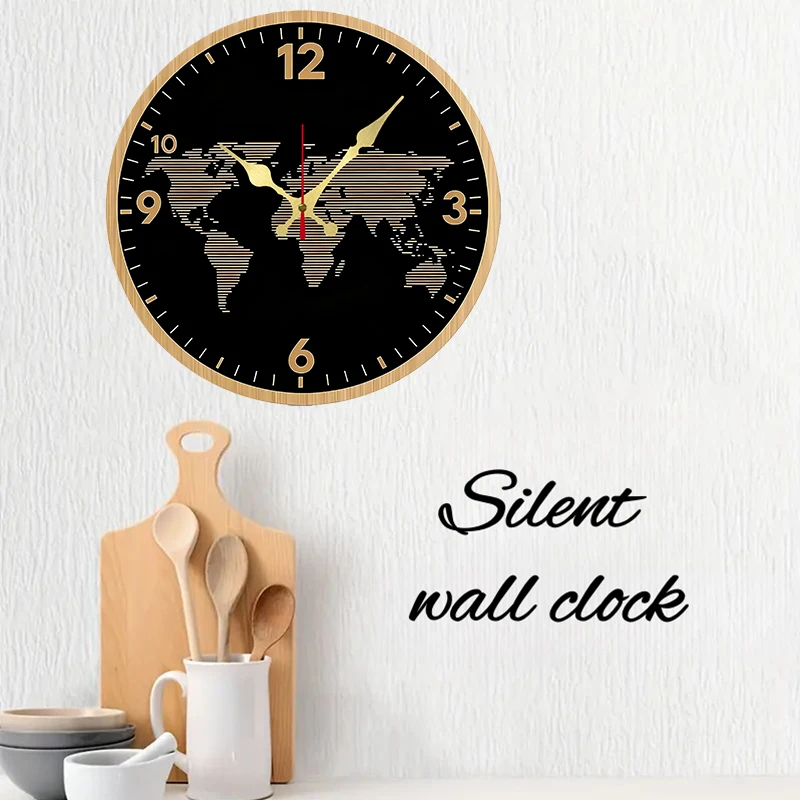 Orologio da parete sospeso silenzioso rotondo in legno a tema mappa del mondo, adatto per soggiorno, ufficio, sala studio, camera da letto, decorazione domestica