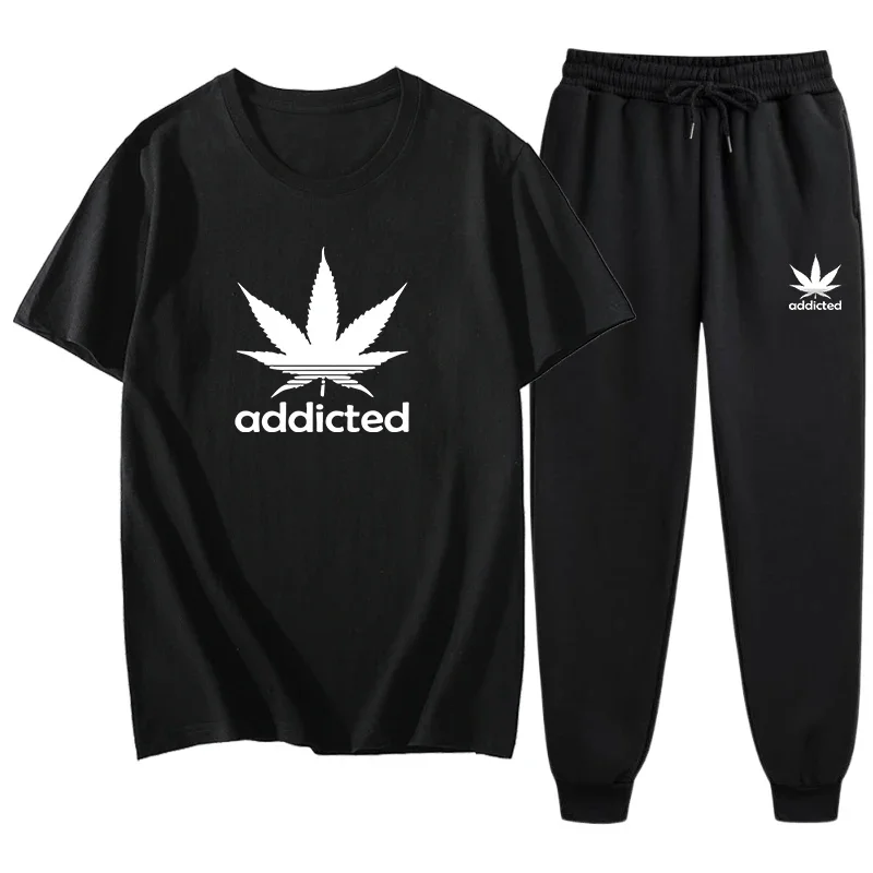 

Brand New Mens Spring Tracksuit Round Neck T-shirt and Black Sweatpants High Quality Male Home Outdoor Casual Sports Set 8 Color