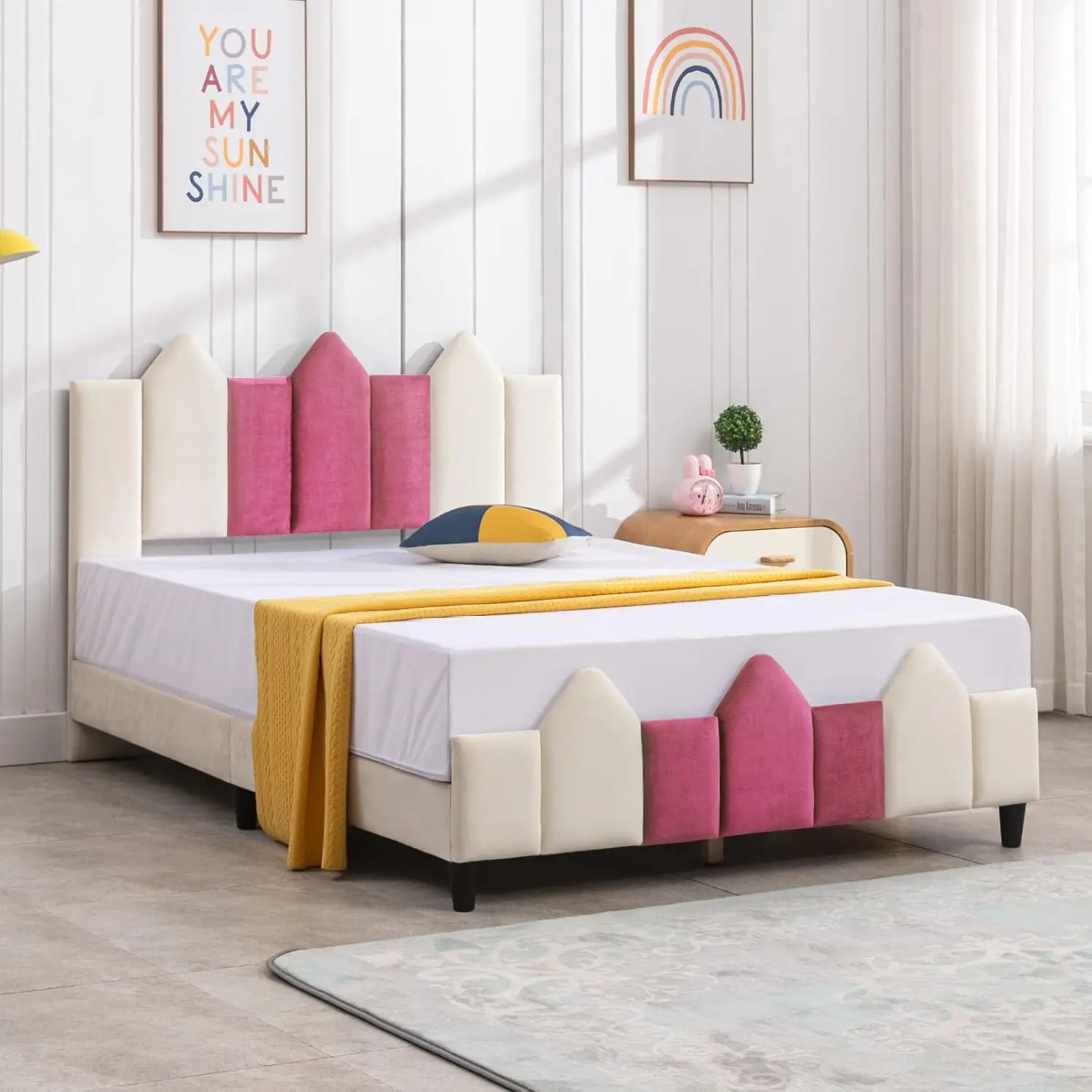 Telai letto completi per bambini, piattaforma letto imbottita in legno con testiera, camera da letto per bambini letto per bambini, senza bisogno di molle, facile As