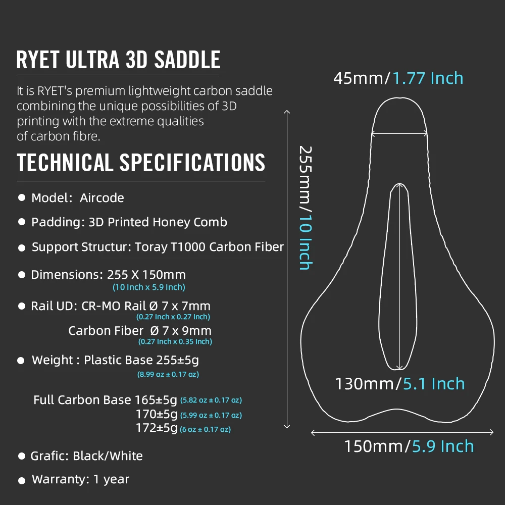 RYET 3D Printed Bike Saddle Ultralight Carbon Fiber Hollow Comfortable Breathable MTB Gravel Road Bicycle Cycling Seating Parts