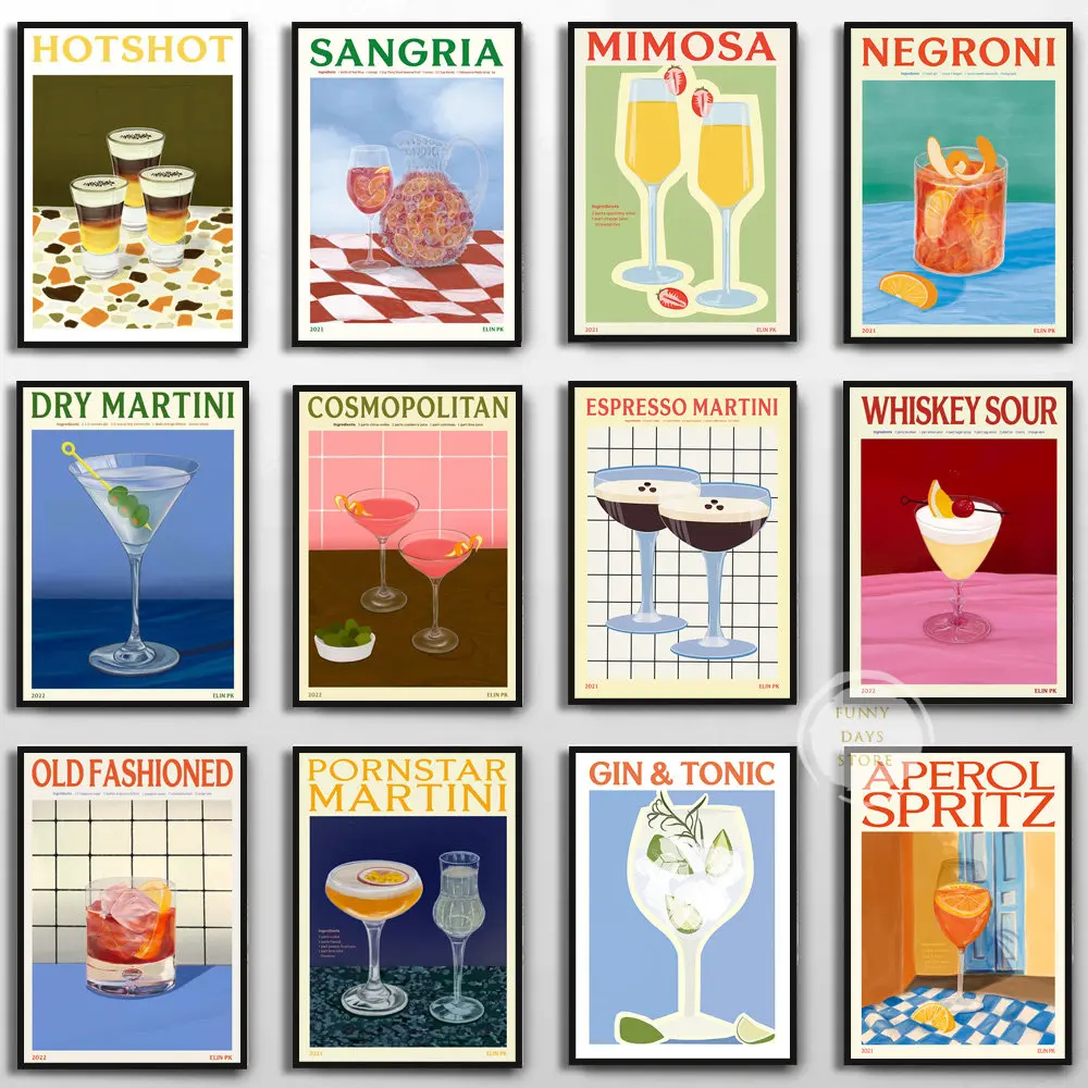 ملصقات وطباعة عصير فواكه الكوكتيل ابرول سبريتز سانغريا مشروب نيغروني مارتيني ويسكي لوحة قماشية نادي بار ديكور المنزل