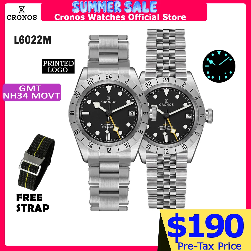 Cronos Vintage GMT 39mm NH34 Automatic Men Watch Mechanical Sapphire Glass Date Window BGW9 LUM Leather Strap Bracelet