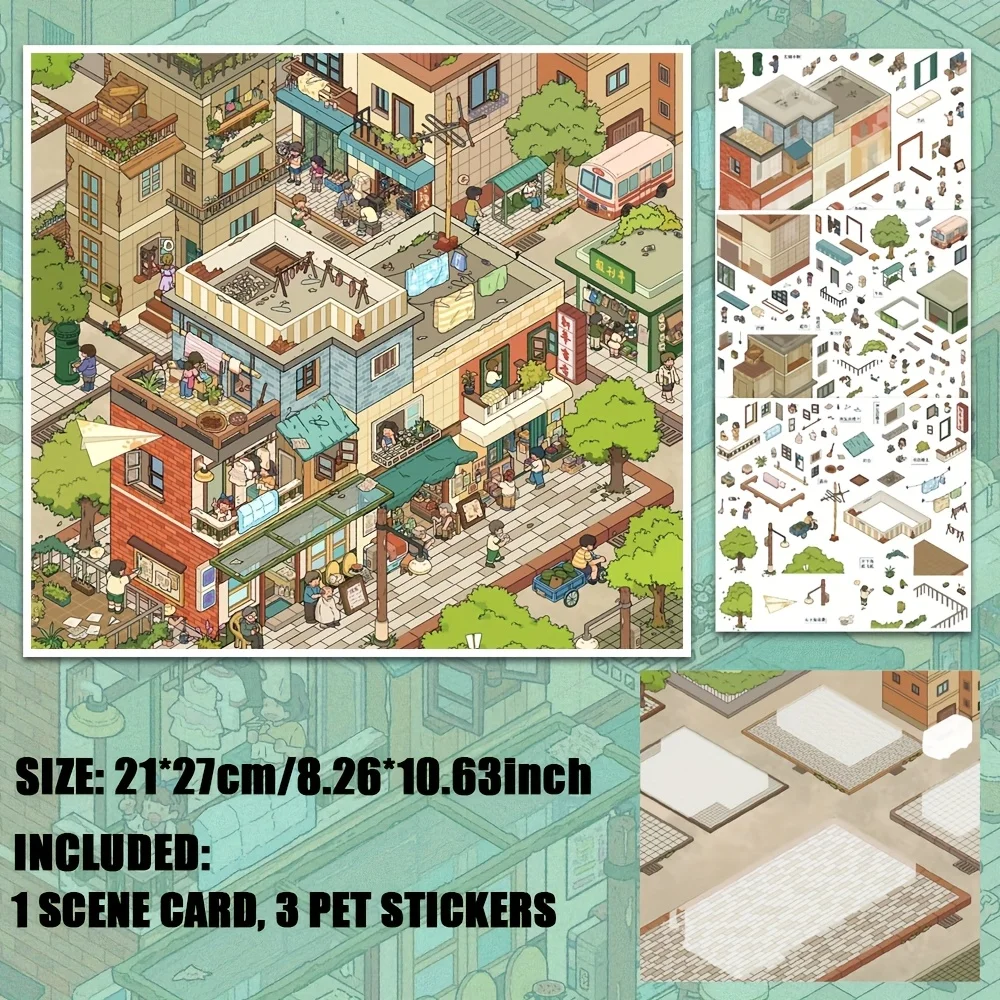 Cartoon Miniature Scene 3D Landscaping Stickers vintage cityscape Urban streetscape and beach party stickers Gift for Kid Child view 4