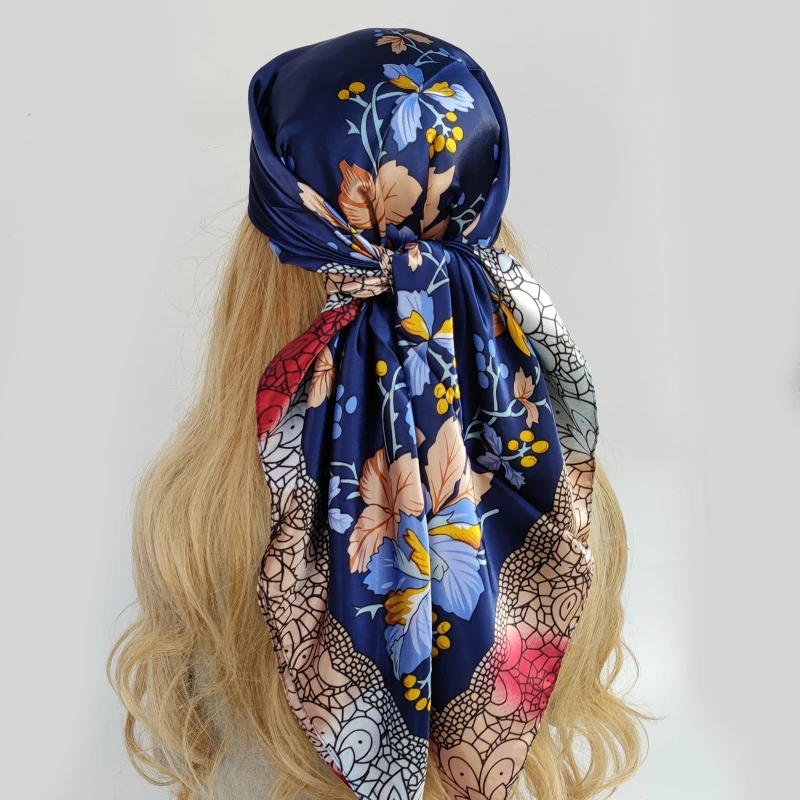 90*90cm Women Scarf Silk Feeling Hair Neck Square Brand Office bandanna muffler Waiter Flight Attendants Handkerchief Rings wrap