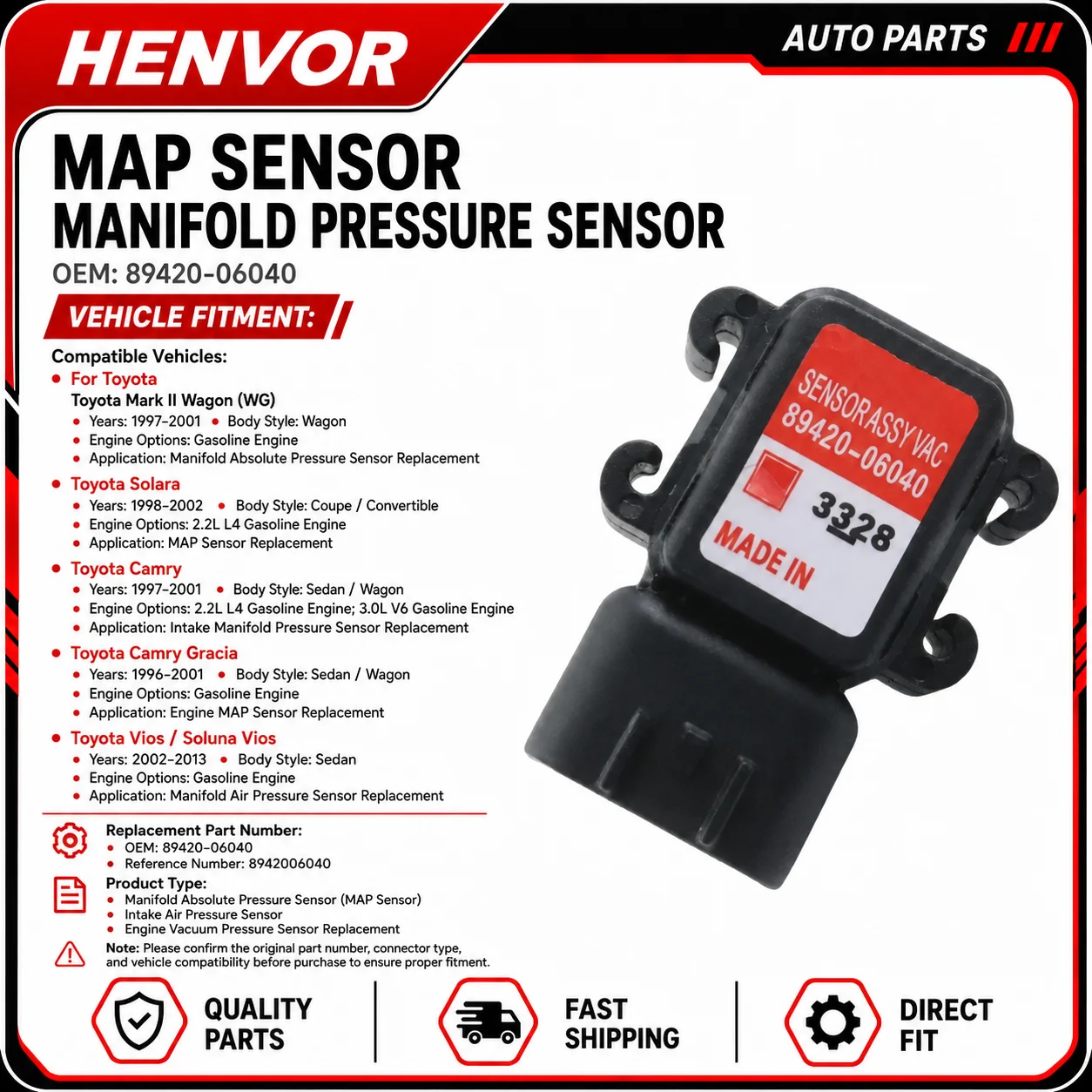 89420-06040 MAP Sensor Manifold Absolute Pressure Sensor Replacement For Toyota Camry Solara Mark II 2.2L 1997-2002