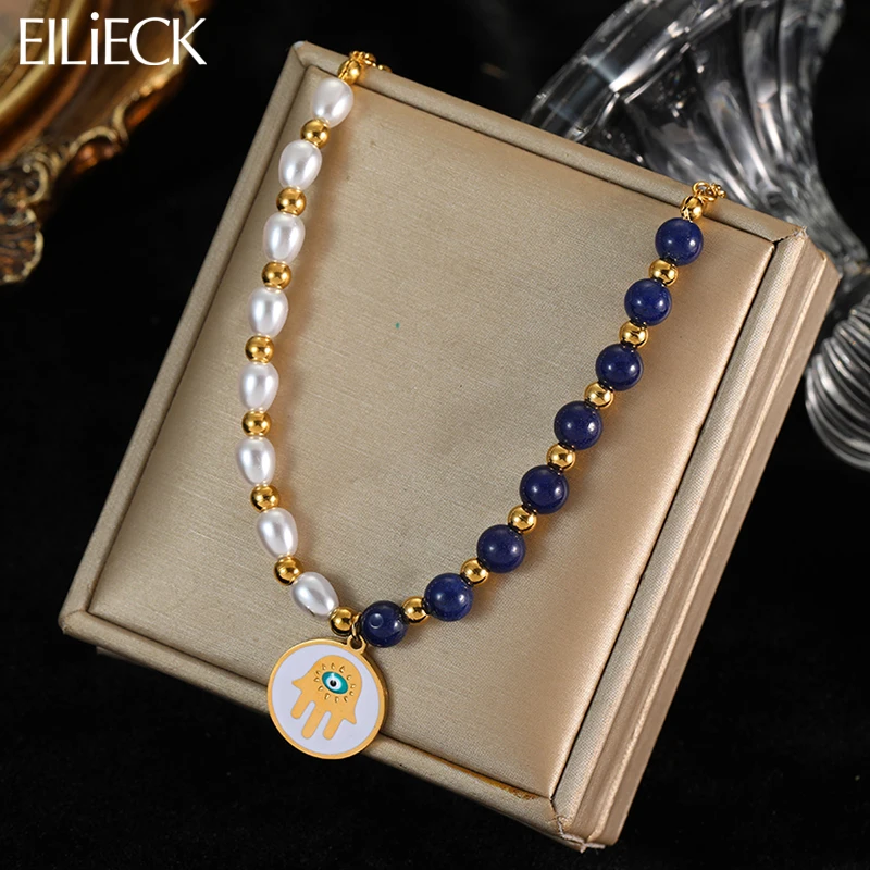 EILIECK 316L Stainless Steel Round Vintage Eye Pearls Pendant Necklace For Women New Trend Choker Chain Waterproof Jewelry Gift