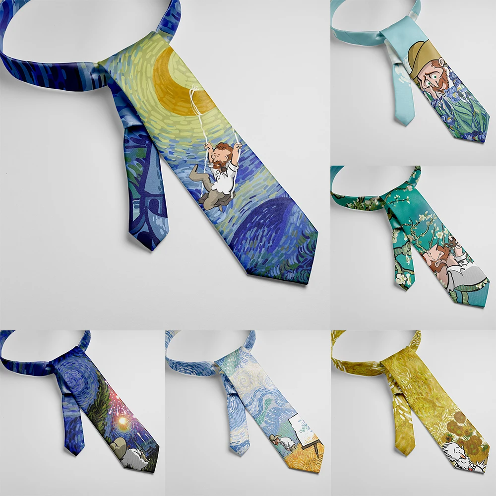 Creative Design Cartoon Van Gogh Tie Retro Art Oil Painting Starry Sky Sunflower Iris Fun Necktie Party Wedding Accessories Gift