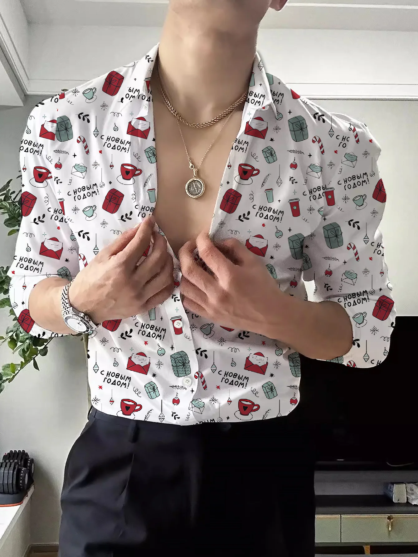 

​ ​ Мужская праздничная рождественская рубашка, красная, зеленая, с графическим принтом, с длинными рукавами, устойчивая к морщинам, стандартного кроя, всесезонная одежда Btn-Up ​ ​