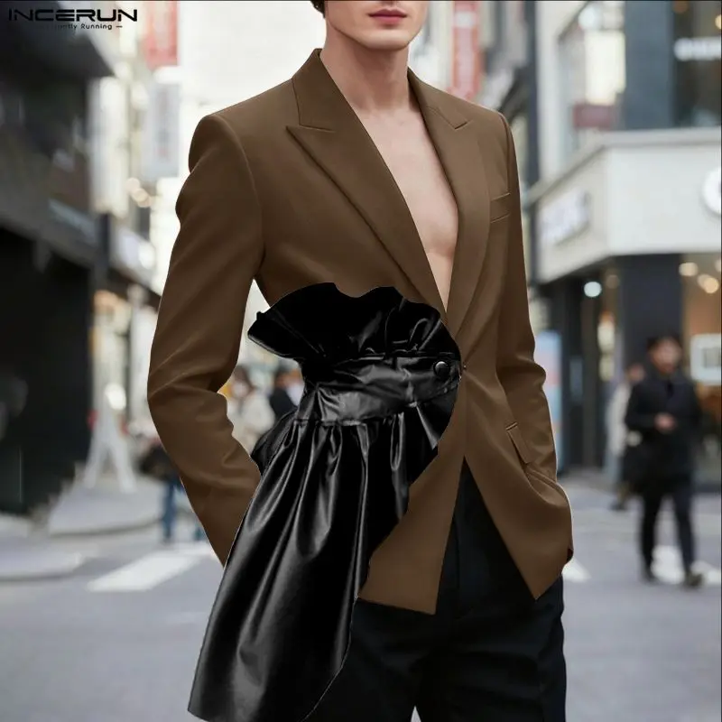 INCERUN Men Blazer Ruffle Patchwork Lapel Long Sleeve Male Suit Streetwear Elegant One Button Fashion Casual Thin Coats Men 2025