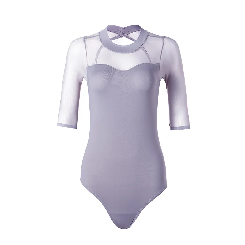 Half sleeved mesh splicing ballet leotard women gymnastic leotards adult air yoga clothes girls jumpsuit ballet dance wear gray