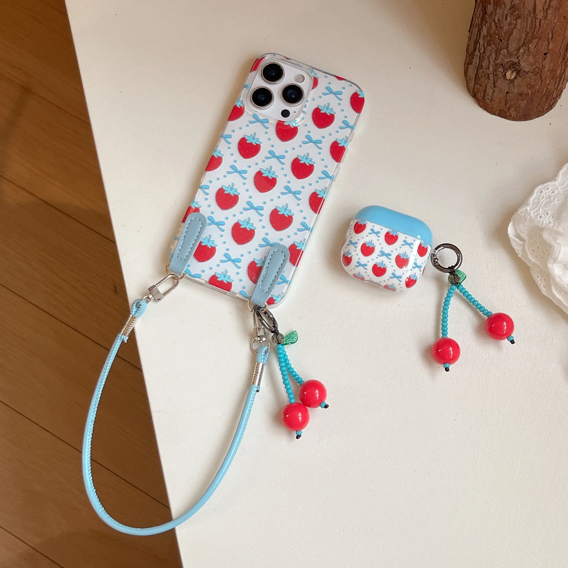 Luxury Niche Style Blue Bow Strawberry Earphone Case Protective Cover Airpods Pro 2 All-inclusive Soft Case Air Pod Case