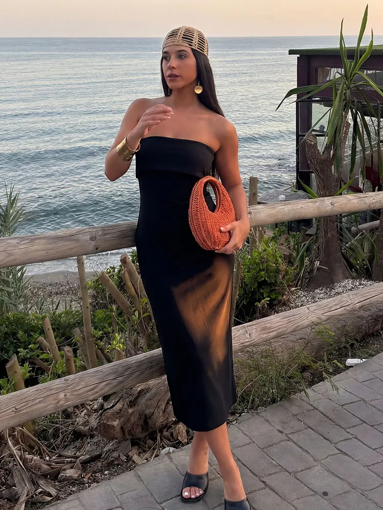 HH Elegantes Trägerloses Maxikleid für Damen Ärmellos Schulterfrei Einfarbig Bodycon Lange Kleider Sommer Casual Strand Party Abend