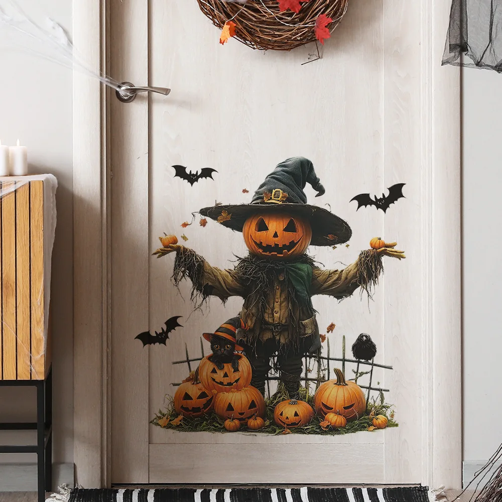 Scarecrow Pumpkin Wall Sticker Halloween Witch Hat Bats Crow Wall Decal for Door Living Room Porch Halloween Decoration