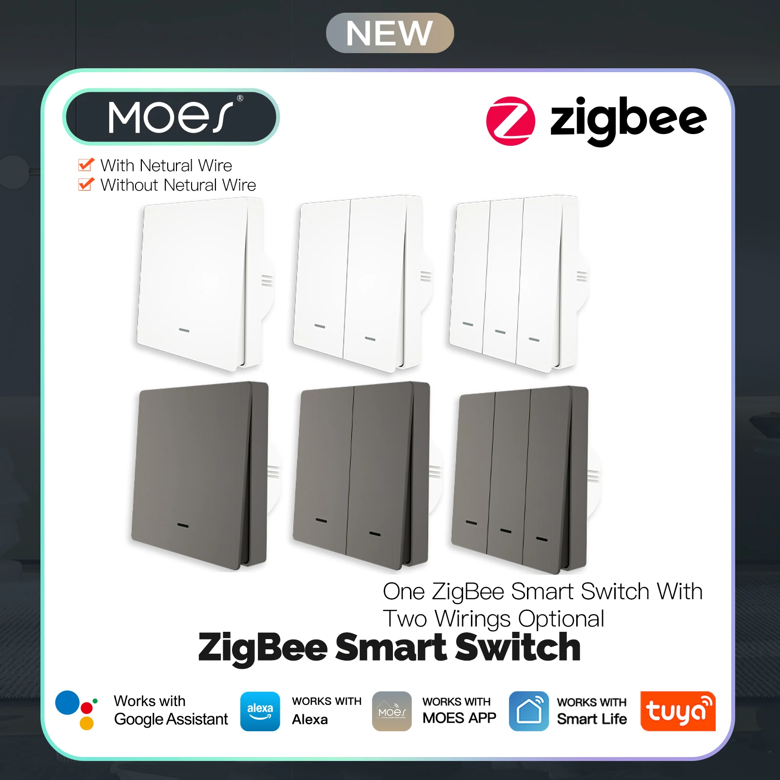 MOES Tuya ZigBee Smart Light Switch No Neutral Wire No Capacitor Needed Smart Life 2/3 Way Works with Alexa Google Home 2mqtt