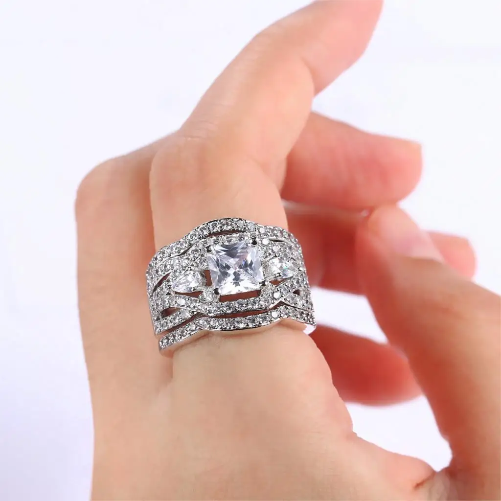 Hip Hop Big Dazzling Rings Set for Men Silver Color Zirconia Party Cocktail Finger Ring for Women Accessories All Size Jewelry