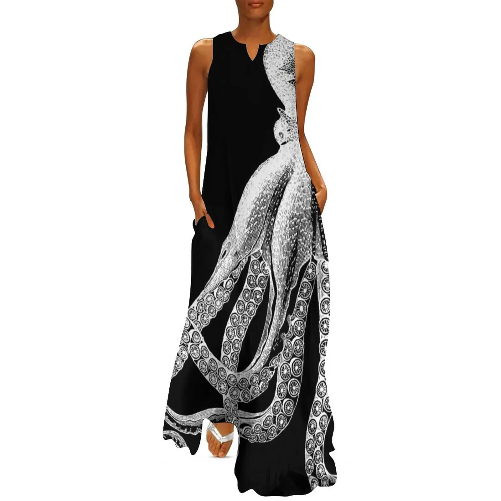 Octopus Vintage Octopus Tentacles Sea Creatures Nautical Ocean Sea Beach Black and White Long Dress Evening gown prom dresses