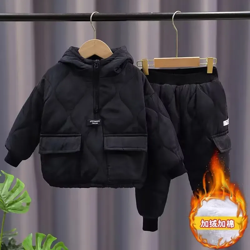 Boys and Girls Clothing Suit Winter Children\'s Velvet and Thickened Warm Set Baby Hooded Jacket Pants 2-piece Set