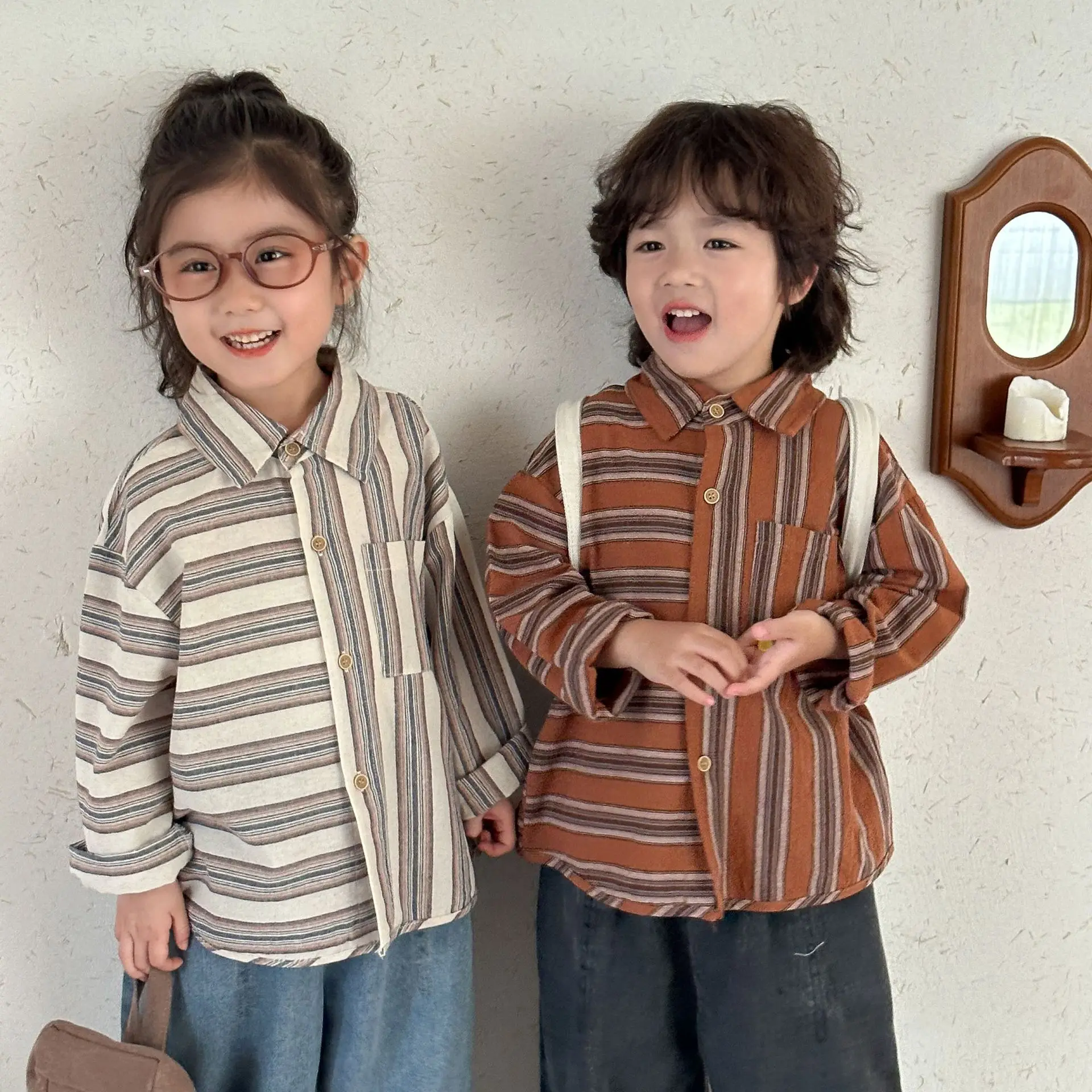Immagine 3: 2025 Primavera Nuovi Bambini Manica Lunga Risvolto Camicie di Cotone Ragazzi Casual Camicie a righe Ragazze Versatile Top Cappotto Abbigliamento per bambini