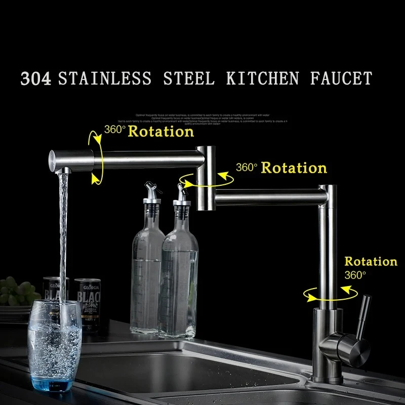 360 Degree Swivel Single Handle Nickel Kitchen Sink basin Taps 304 Stainless Steel Lead-free Folding Kitchen Faucet Mixer