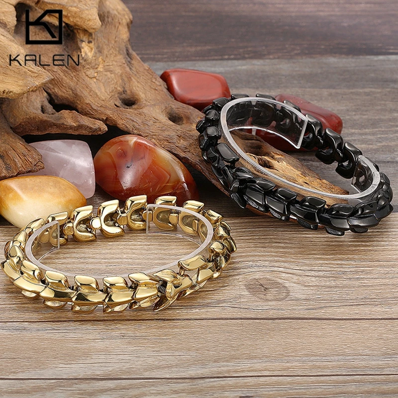 

Kalen Domineering Dragon Keel Thick Bracelet for Men Shiny Chunky Stainless Steel Jewelry 15MM Viking Bangle Mate Accessories