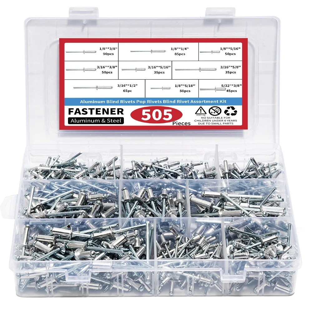 

505pcs Aluminum Rivets Set Multiple Sizes M3.2 M4 M4.8 Dome Head Blind Pop Rivets kit Furniture Fastener Accessories Tools