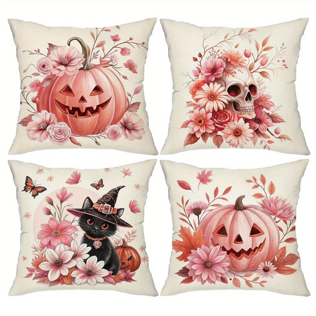 4pcs, Short Plush Halloween Theme Printed Throw Pillow Covers, 18in*18in, Elegant Floral and Pumpkin Pattern Inviting Home Decor