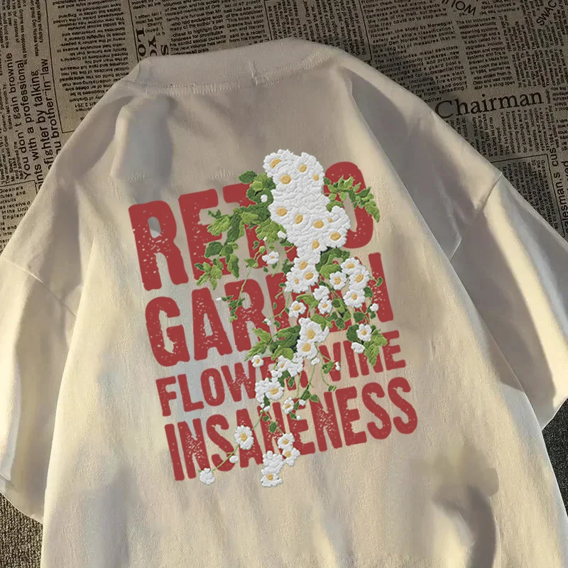 

INS Лидер продаж, модный комплект с цветочным буквенным принтом для пары, футболка в американском стиле ретро, хлопковые футболки большого размера, повседневная уличная одежда, топы с круглым вырезом