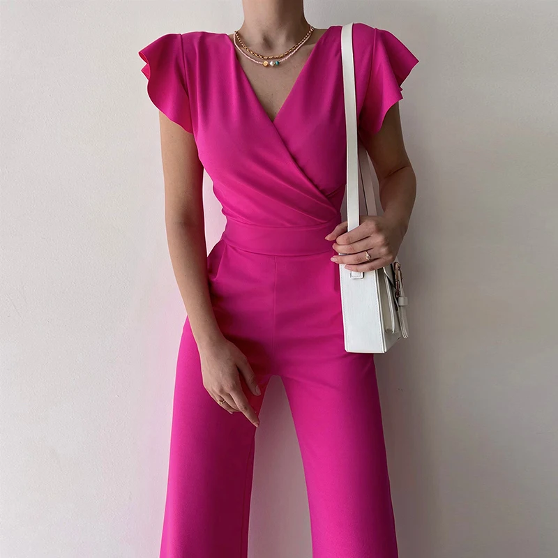 

2025 Summer Clothes Women's Jumpsuit Simple Solid V Neck Commuting Playsuit Ruffled Short Sleeved High Waist Pocket Pants Romper
