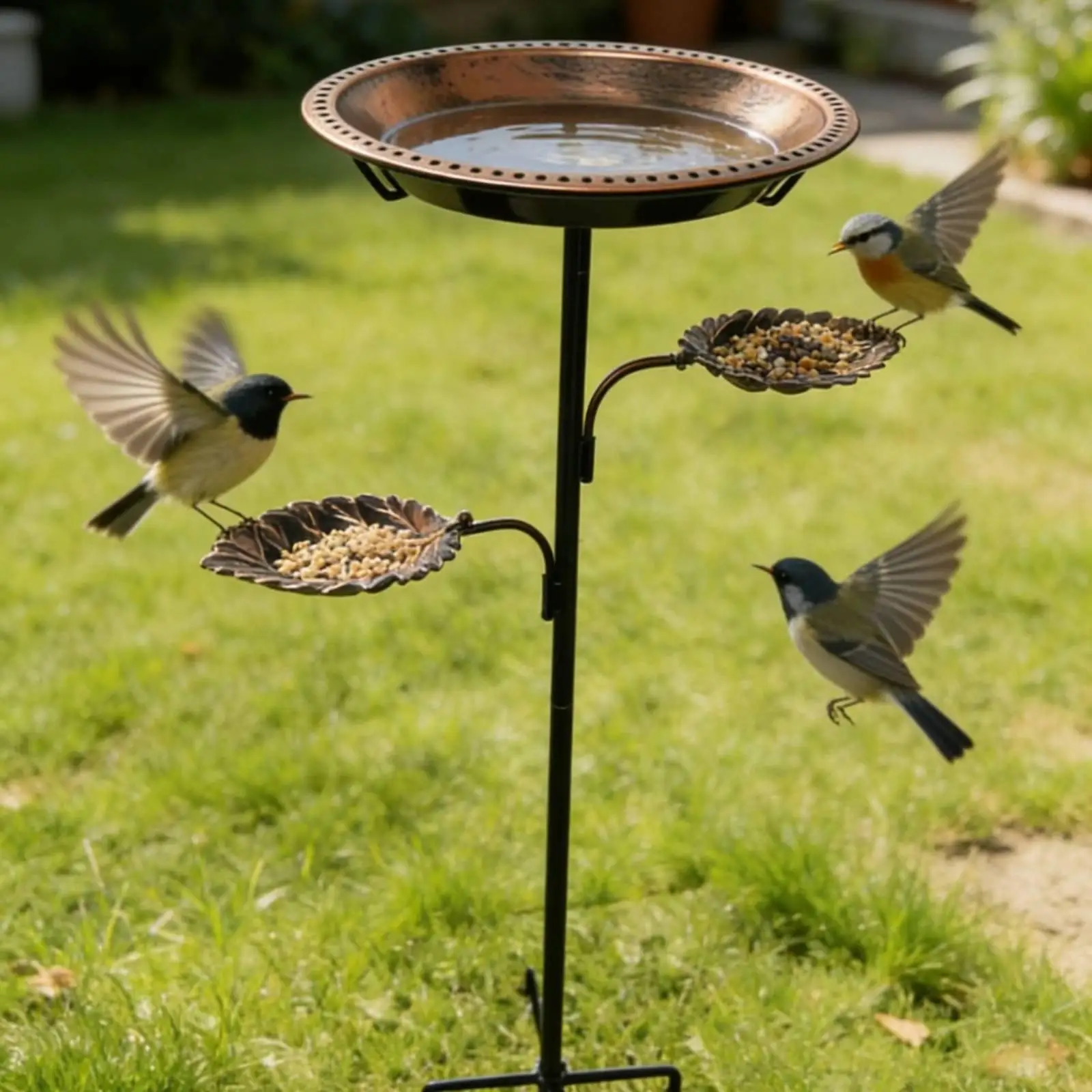 Standing Bird Bath for Garden with Feeder Trays Iron Basin Water Bowl for Backyard Bird Lovers