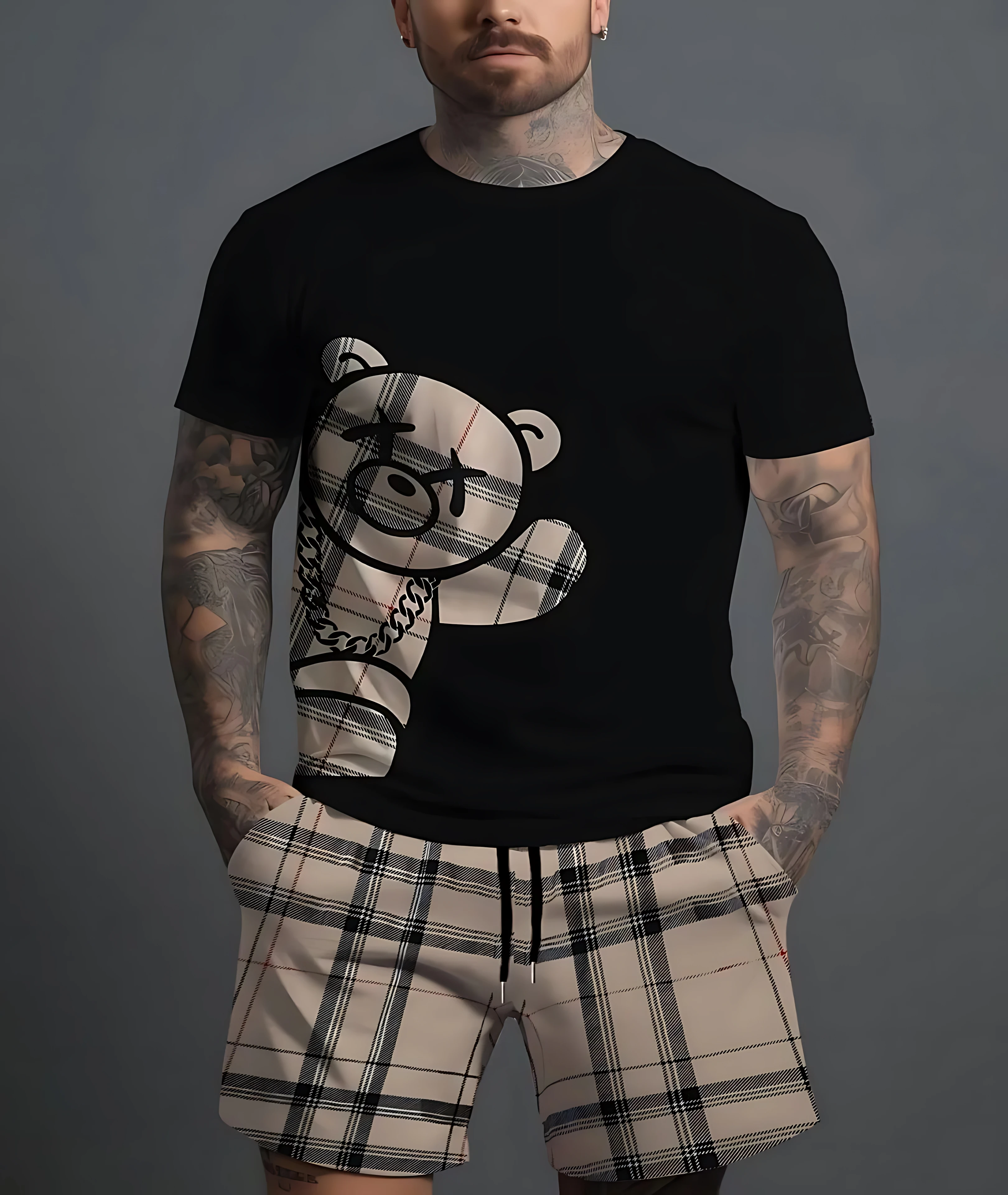 O novo conjunto masculino de verão 2025 apresenta moda de rua, conforto casual, suavidade e respirabilidade com impressão de padrão de urso 3D