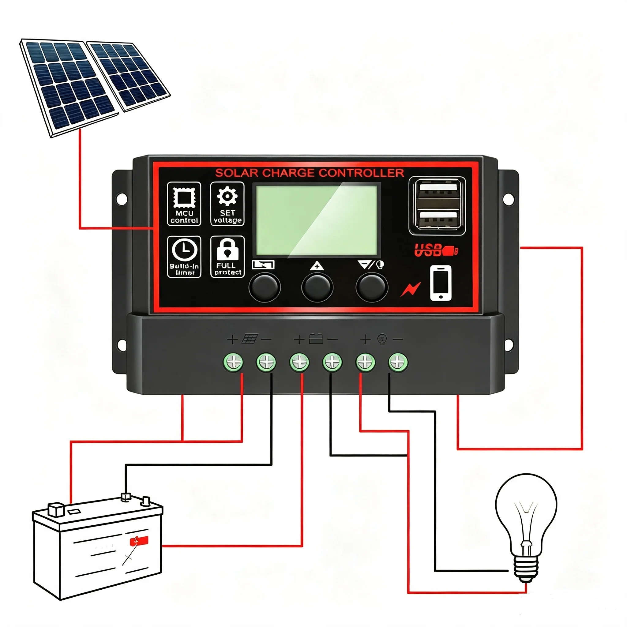 HTMCK Solar Controller 12V/24V 30A 100A with LCD Display Dual Output USB 5V Battery Charger Regulator for Solar Energy System