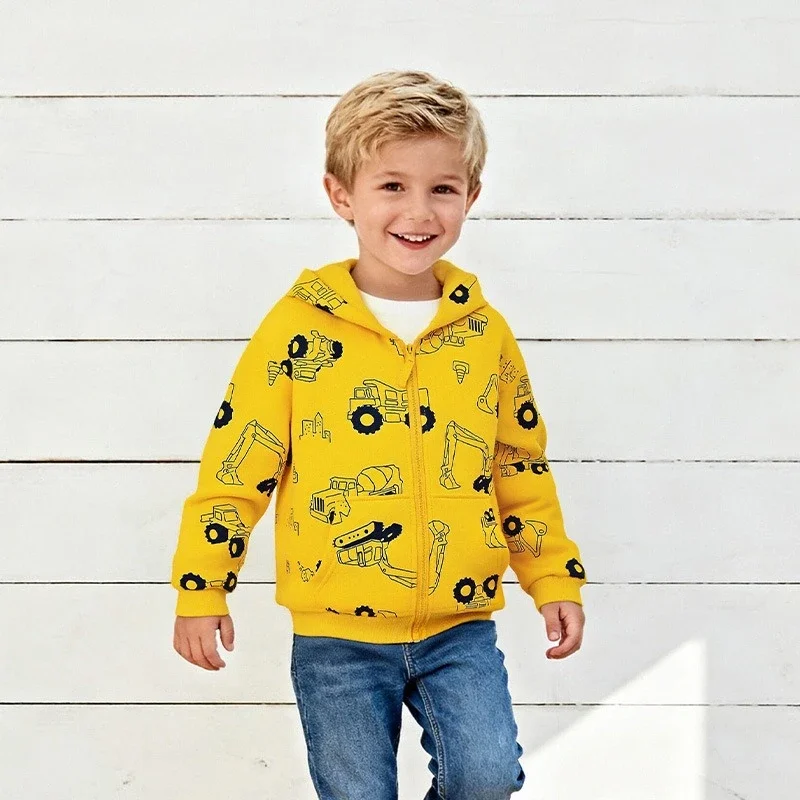 Toddler Boys Zip Hooded Jacket Spring Autumn Cartoon Construction Excavator Truck Print Kids Casual Pocket Outerwear Coat