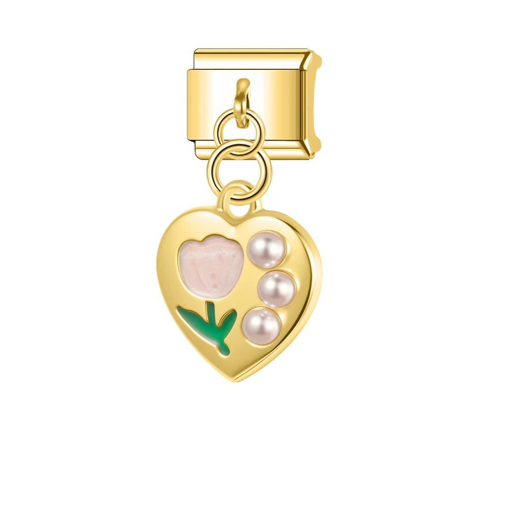 Trusta pearl Zircon Pink Flower Tulip Bracelet italian charms Pendant Jewelry Removable Accessories 1pc for Women DIY New N820