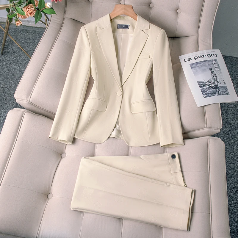 ZJYT Autumn New Office Lady Formal Jacket and Pant Sets 2 Pieces Womens Outfit Elegant One Button Blazer Suit Trousers Female