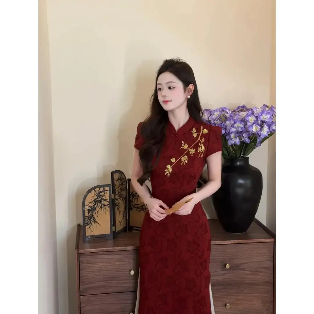 New Chinese-Style Red Contrasting Color Embroidery Fake Two Pieces Summer New Cheongsam Long Jacquard Dress Women