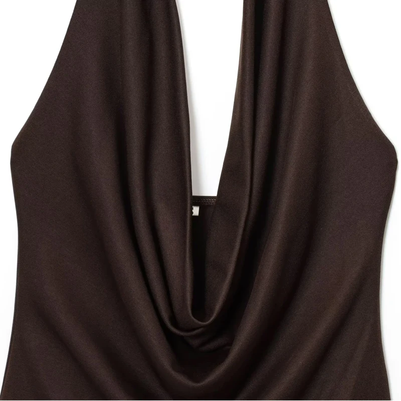 HXAO Halter Neck Bodysuits Sexy Summer Off Shoulder Bodysuit Women Brown Top Ruched Ring Backless Thong Bodysuit Woman One Piece image 5