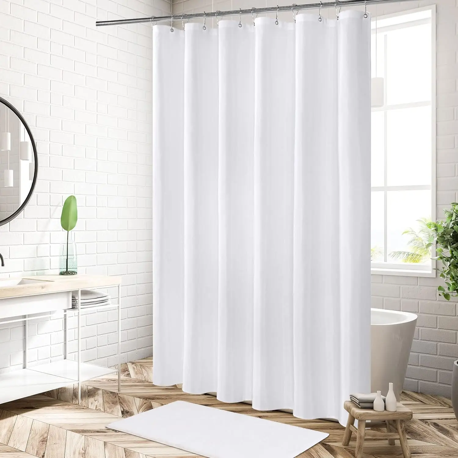 1PC White Fabric Shower Curtain Liner, Modern Bathroom Simple Shower Curtain Or Liner, TARP and Machine Washable, 12 Hooks