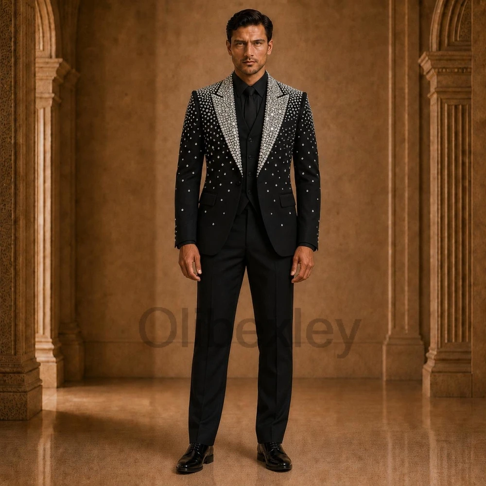 Olibexley Shiny Diamond Suit Male 2 Pcs Sparkling Crystal Beaded Prom Tuxedo Slim Fit Blazer Pants Ropa Hombre Customized S390