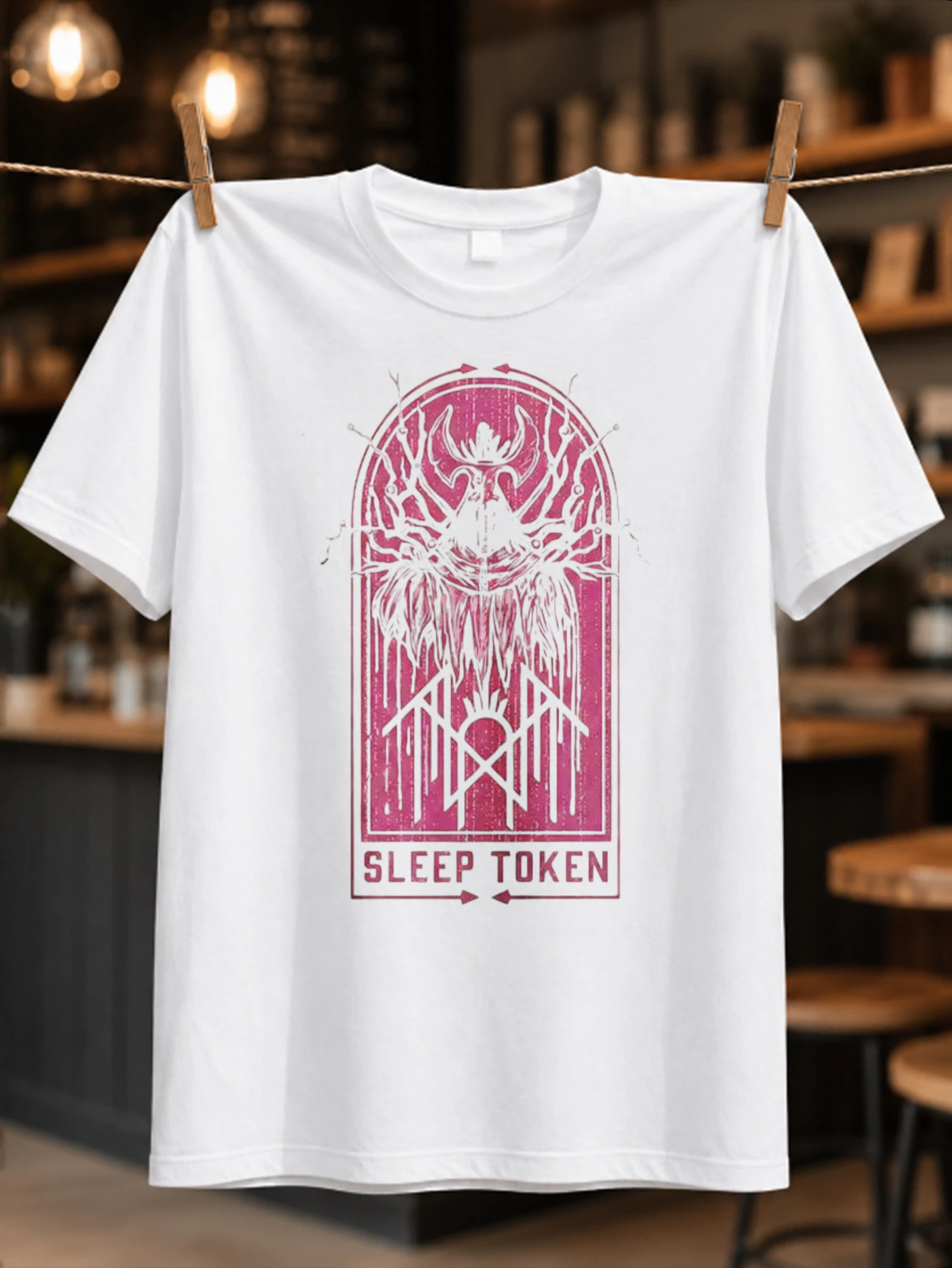 Sp Token pink gothic window with antlered figure and distressed occult line art Retro Concert Fan  Unisex All T-Shirt