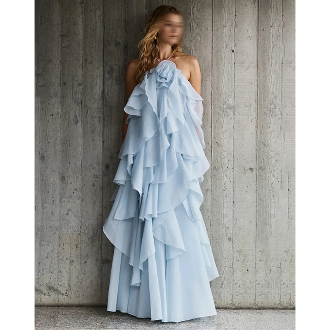

Blue Ruffles Evening Dresses Woman Elegant vestidos de noche Halter Neck Tiered Prom Dress 2025 Fashion Party Gowns Customized