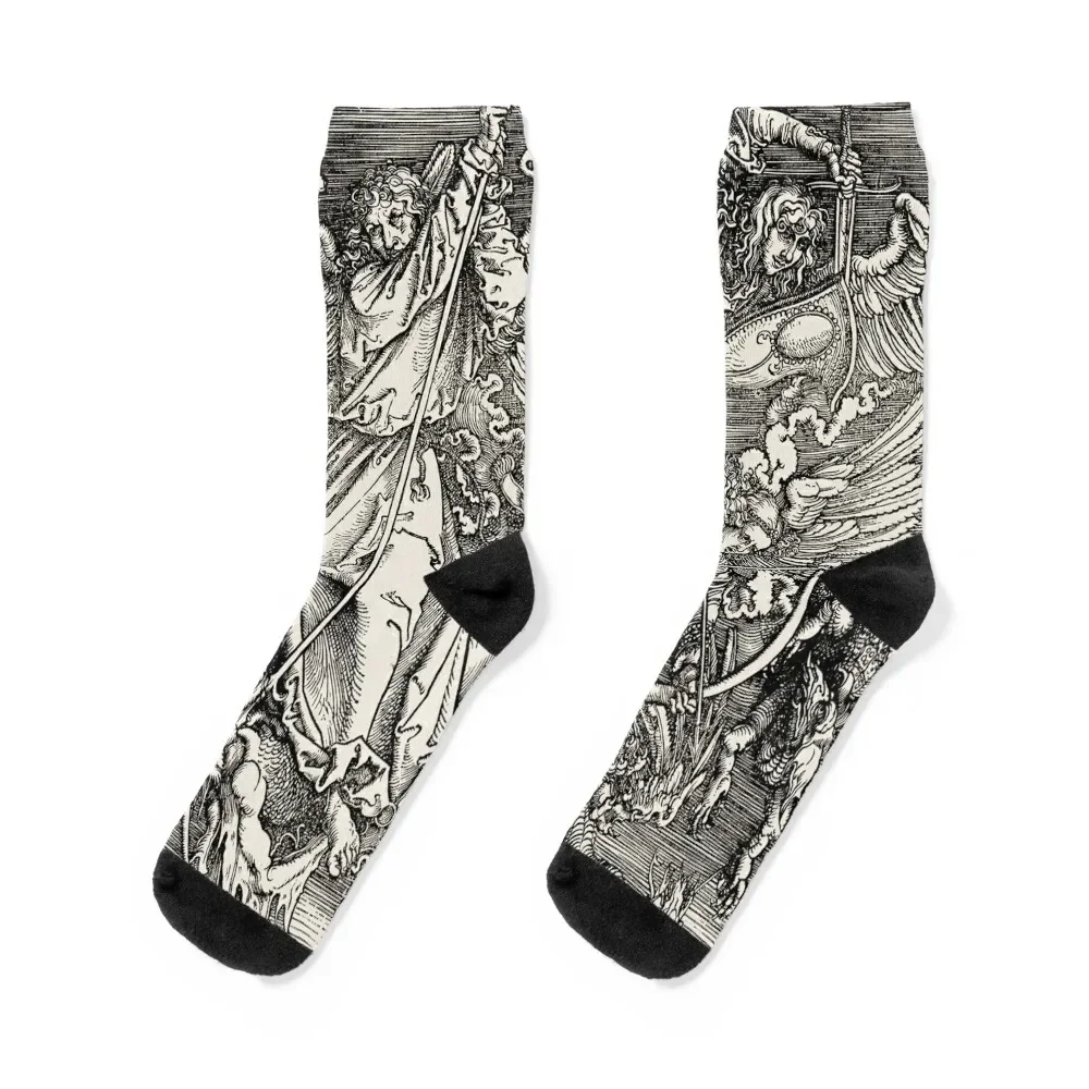

Saint-Michael Fighting the Dragon from The Apocalyps Ink Medieval Fine Art Vintage paper Albrecht Dürer HD High Quality Socks