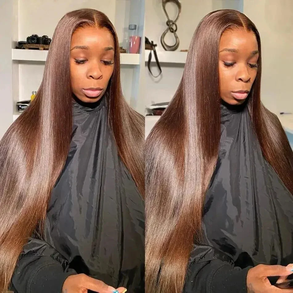 باروكات شعر بشري بدانتيل أمامي كامل مستقيم 13 × 6 عالية الدقة للنساء بدون غراء # 4 باروكة شعر بشري بدانتيل أمامي عالي الدقة مقاس 13 × 4 باللون البني