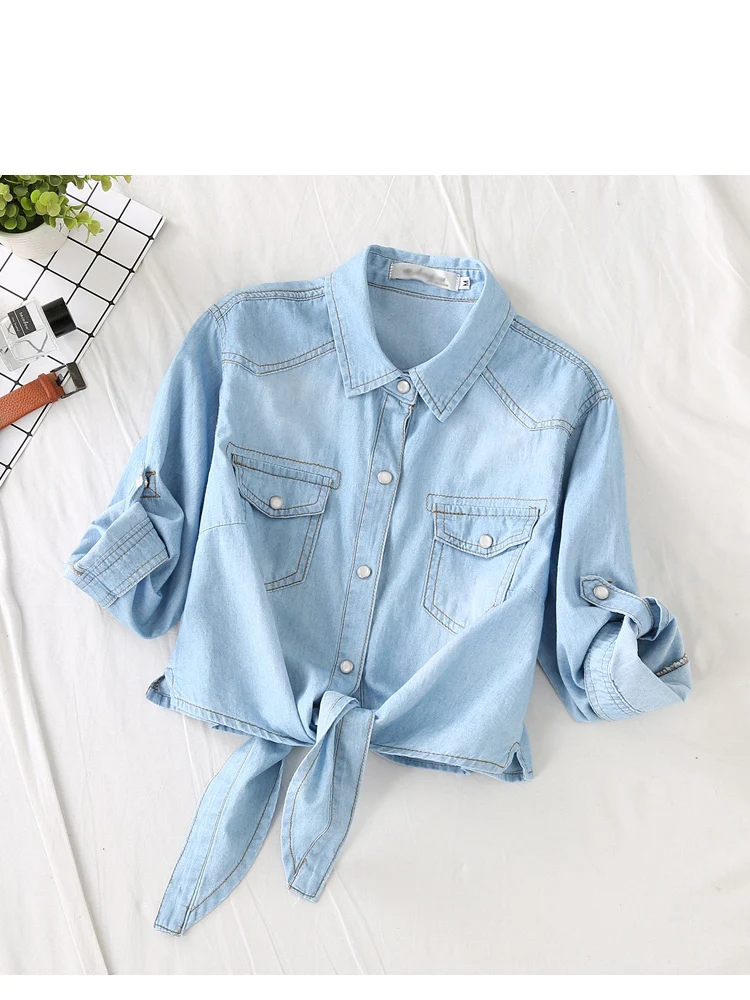 Women\'s short knotted denim shirt small figure with 3/4 sleeves summer slimming, pure cotton, thin sun protection shawl top coat