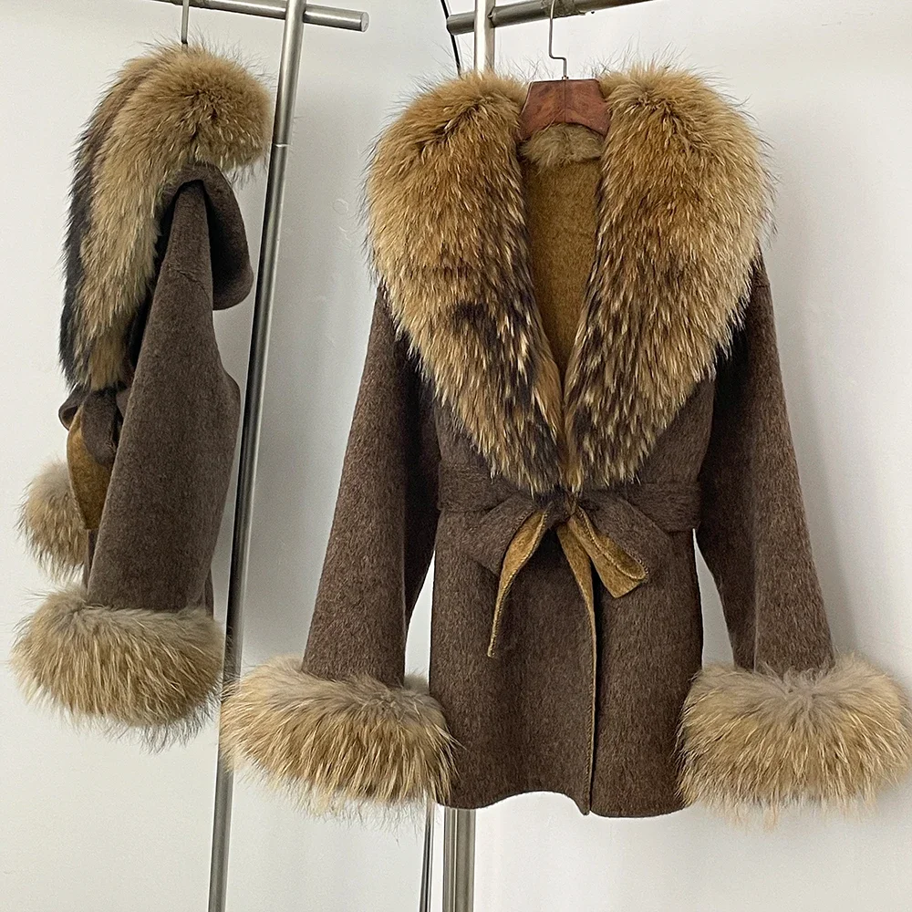 

Women New Wool Coat Fur Removable Spring Real Fox Fur Coat Winter Luxury Natural Fur Woolen Jacket Long Sleeve Ladies Streewear