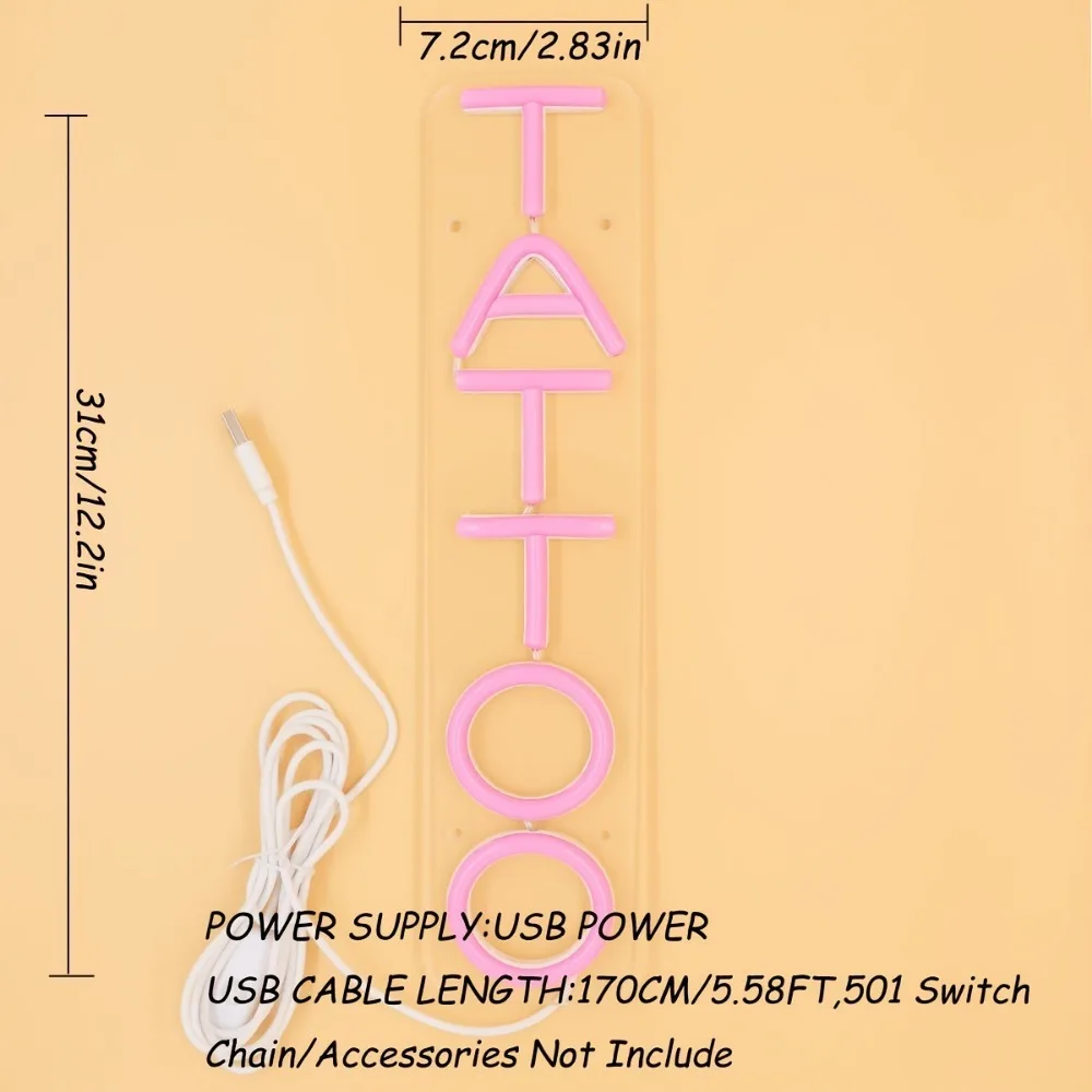 USB Powered Pink LED Neon Sign - Chic 'TATTOO' Wall-Mounted Light for Tattoo Shops & Home Decor Perfect Birthday Gifts